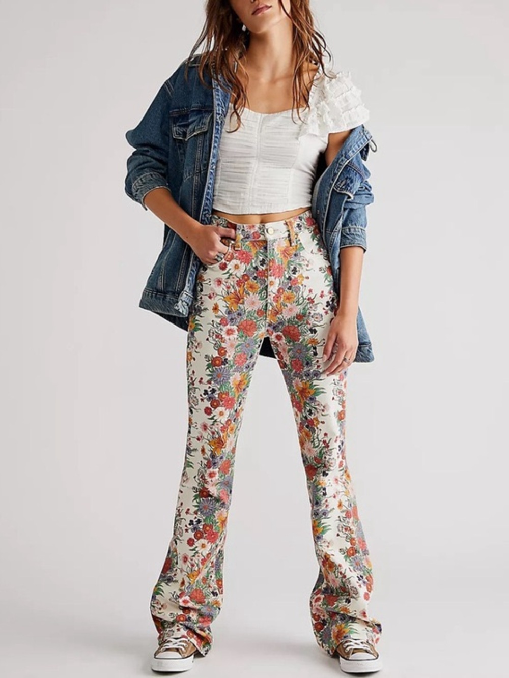 Wrangler Wildflower Printed Wanderer Flare Jeans High Rise White 24x34 70s Retro